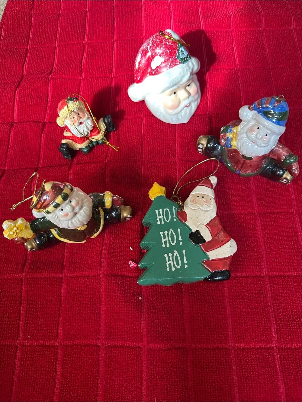 5 Santa Christmas Ornaments Ice Skating Ceramic Resin Bell Holiday Lot Vintage